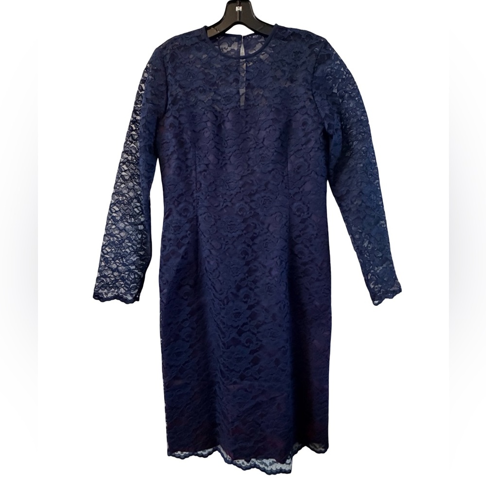 Scaasi Vintage Size 4 Women's Navy Lace Long Sleeve Shift Dress